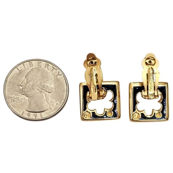 Swarovski Clear Rhinestone Square Flower Shape Dangle Clip Earrings, Signed L805 - Picture 8 of 9